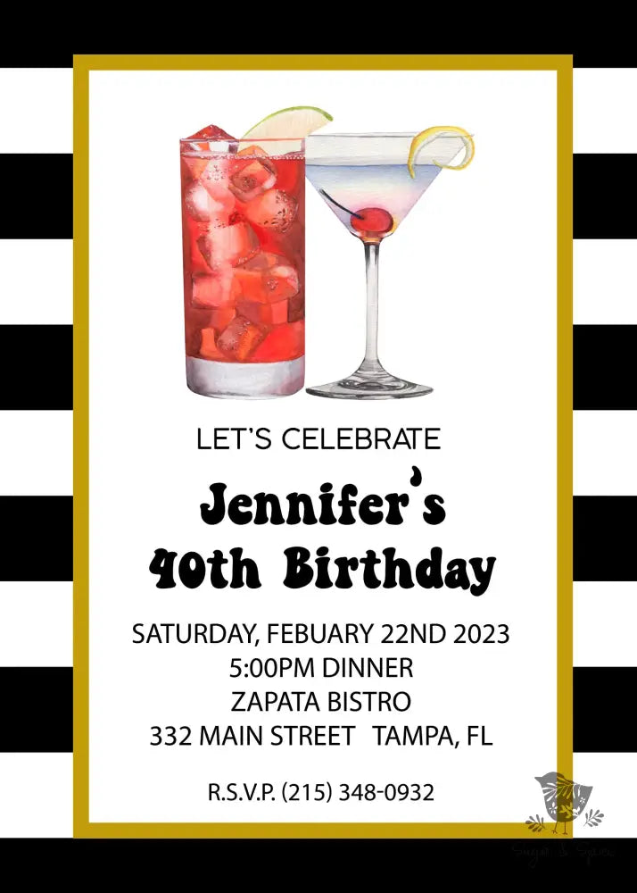 Black and White Adult Cocktail 40th Birthday Invitation - Premium Paper & Party Supplies > Paper > Invitations & Announcements > Invitations from Sugar and Spice Invitations - Just $1.95! Shop now at Sugar and Spice Paper