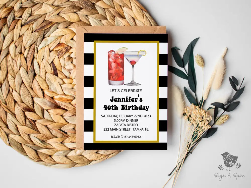 Black and White Adult Cocktail 40th Birthday Invitation - Premium Paper & Party Supplies > Paper > Invitations & Announcements > Invitations from Sugar and Spice Invitations - Just $1.95! Shop now at Sugar and Spice Paper