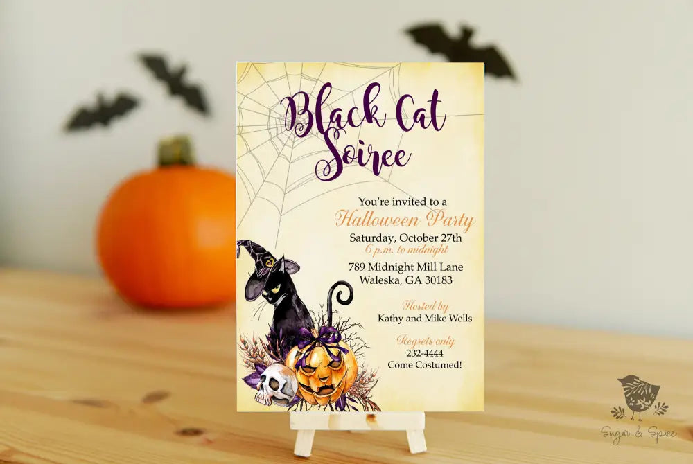 Black Cat Halloween Invitation Digital File