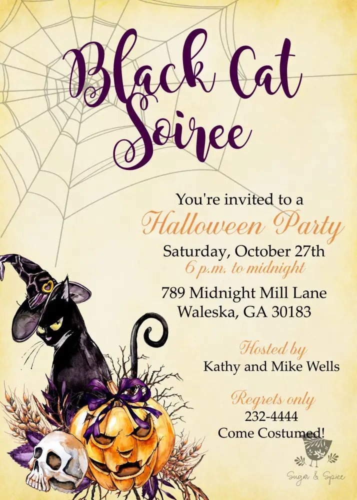 Black Cat Halloween Invitation - Premium Digital File from Sugar and Spice Invitations - Just $2.10! Shop now at Sugar and Spice Paper