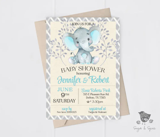Blue Elephant Baby Shower Invitation - Premium  from Sugar and Spice Invitations - Just $1.95! Shop now at Sugar and Spice Paper