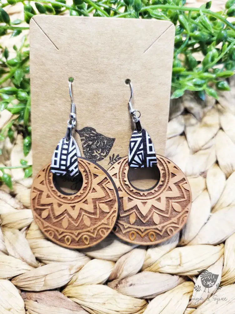 Bohemian Black And White Engraved Leather Earrings