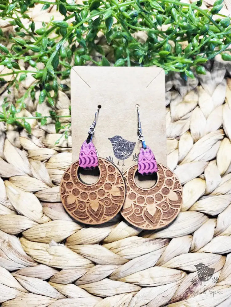 Bohemian Wood Engraved Leather Earrings - Premium  from Sugar and Spice Invitations - Just $11.25! Shop now at Sugar and Spice Paper