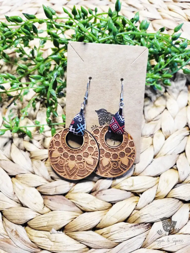 Bohemian Wood Engraved Leather Earrings - Premium  from Sugar and Spice Invitations - Just $11.25! Shop now at Sugar and Spice Paper