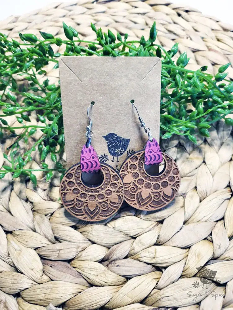 Bohemian Wood Engraved Leather Earrings - Premium  from Sugar and Spice Invitations - Just $11.25! Shop now at Sugar and Spice Paper