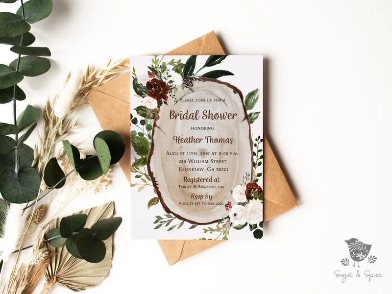 Boho Wood Slice Bridal Shower Invitation - Premium  from Sugar and Spice Invitations - Just $1.95! Shop now at Sugar and Spice Paper