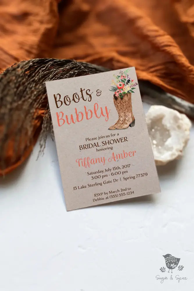 Boots and Bubbly Cowgirl Bridal Shower Invitation - Premium  from Sugar and Spice Invitations - Just $1.95! Shop now at Sugar and Spice Paper