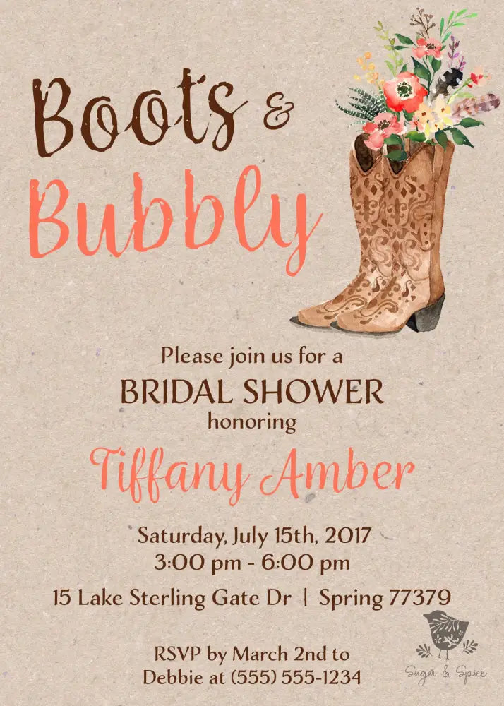 Boots and Bubbly Cowgirl Bridal Shower Invitation - Premium  from Sugar and Spice Invitations - Just $1.95! Shop now at Sugar and Spice Paper