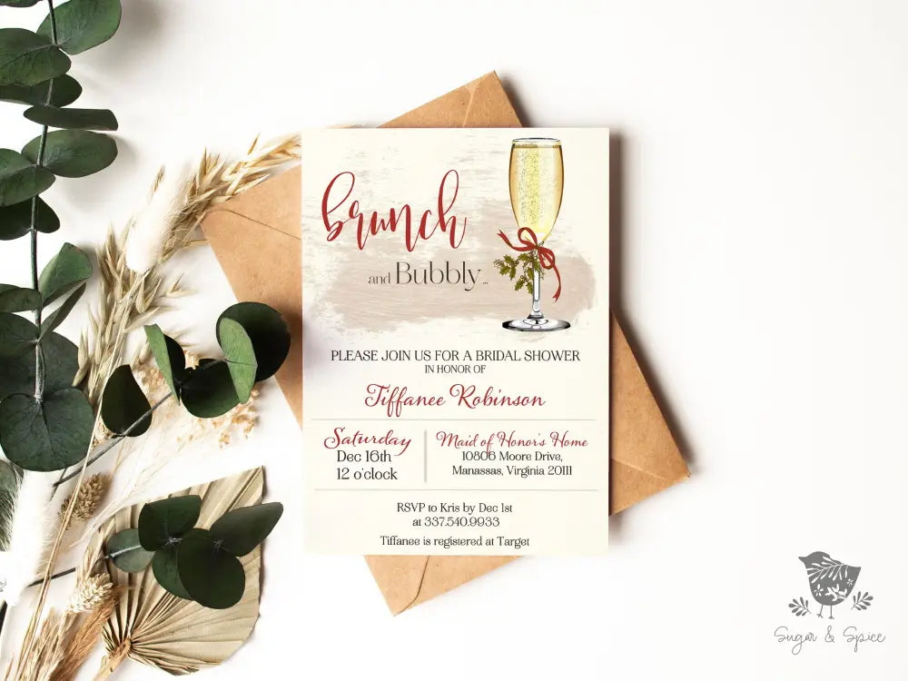 Brunch and Bubbly Holiday Bridal Shower Invitation - Premium  from Sugar and Spice Invitations - Just $1.95! Shop now at Sugar and Spice Paper