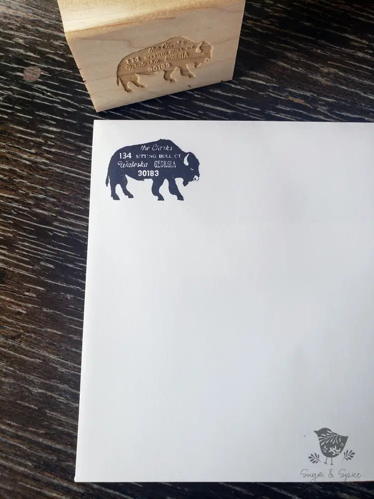 Buffalo Bison Animal Wood Address Stamp - Premium Craft Supplies & Tools > Stamps & Seals > Stamps from Sugar and Spice Invitations - Just $28! Shop now at Sugar and Spice Paper