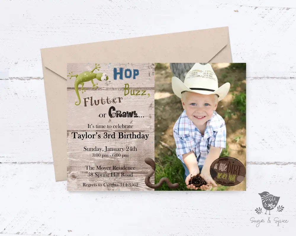 Bug and Dirt Photo Birthday Invitation - Premium Digital File from Sugar and Spice Invitations - Just $1.95! Shop now at Sugar and Spice Paper