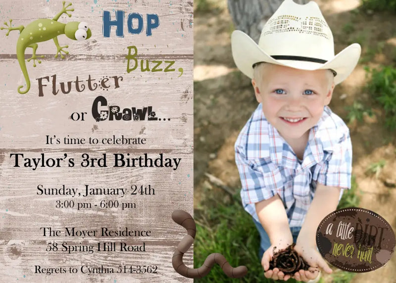 Bug and Dirt Photo Birthday Invitation - Premium Digital File from Sugar and Spice Invitations - Just $1.95! Shop now at Sugar and Spice Paper