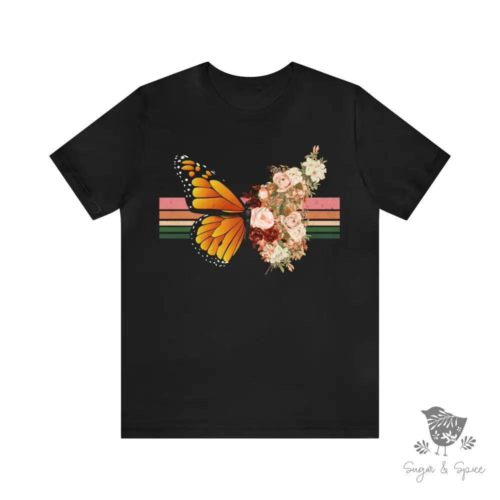 Butterfly Floral Rainbow T-Shirt Black / S