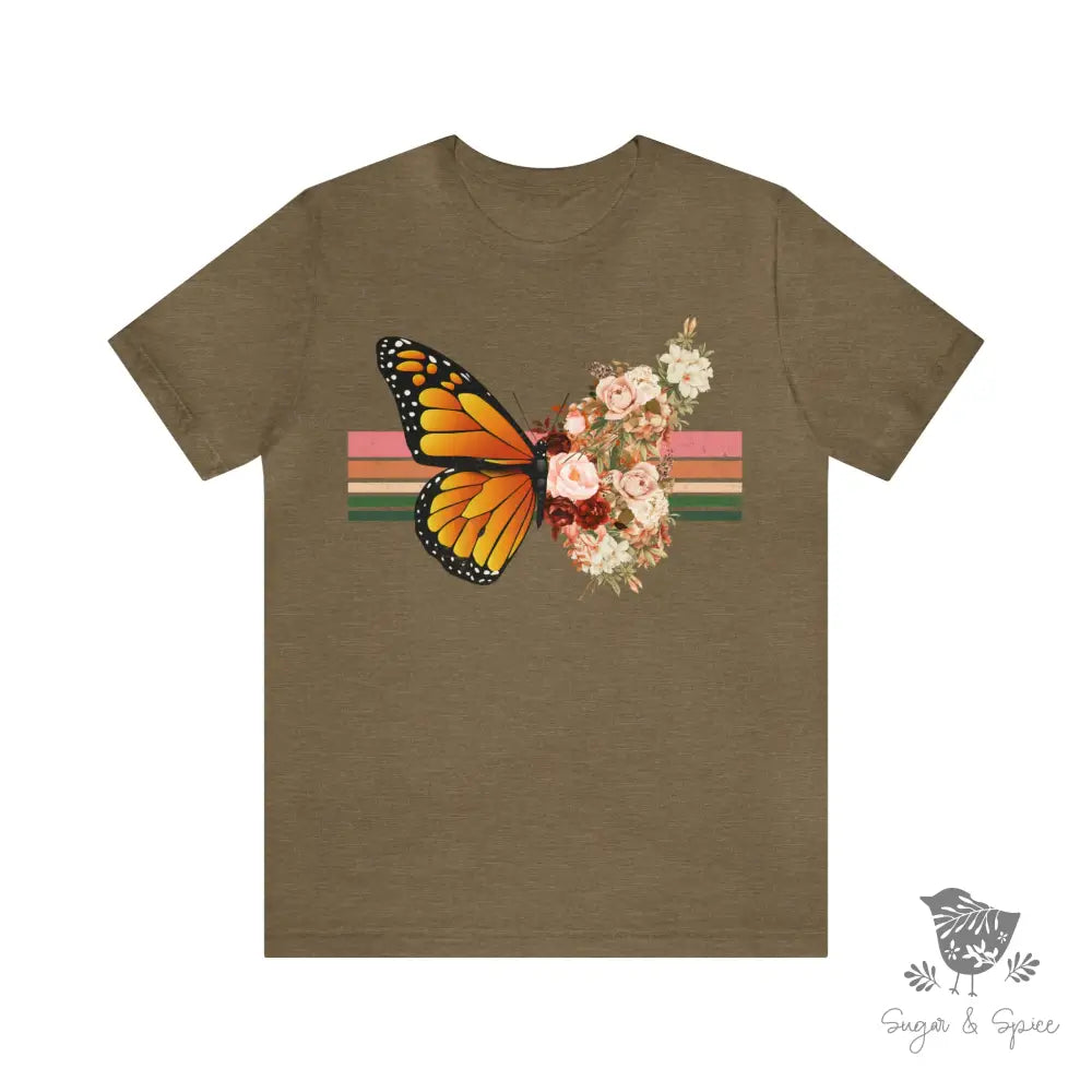 Butterfly Floral Rainbow T-Shirt Heather Olive / S
