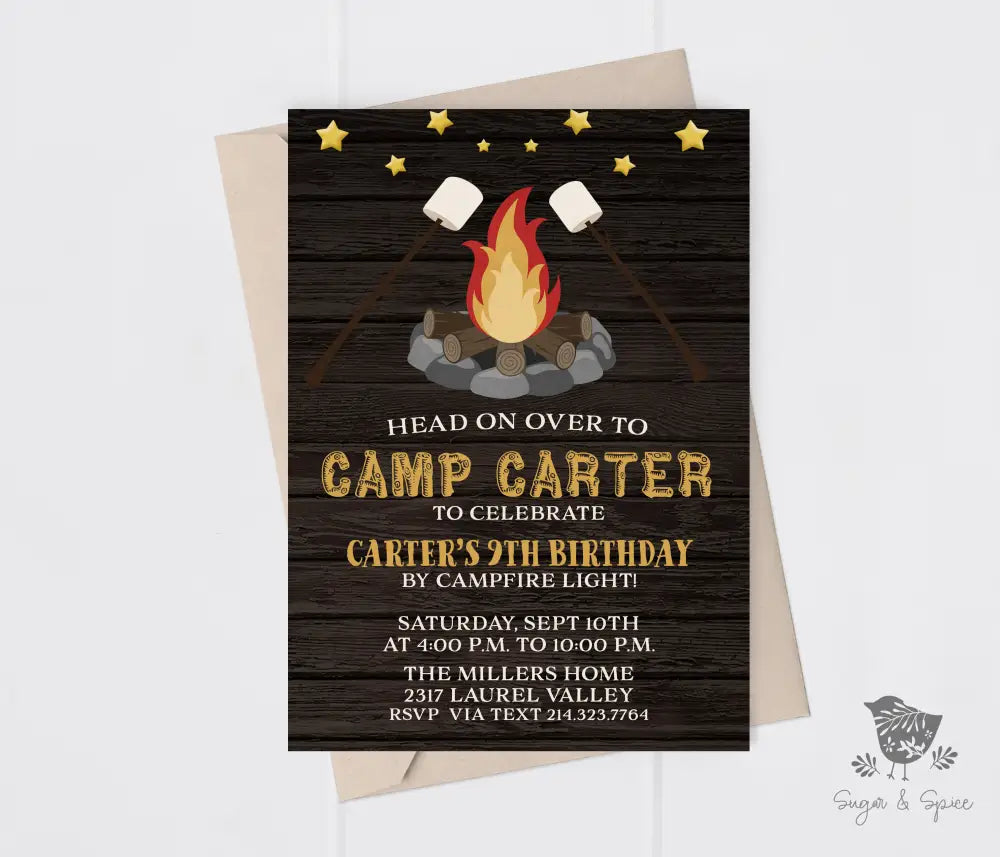 Campfire Smores Birthday Invitation - Premium Digital File from Sugar and Spice Invitations - Just $1.95! Shop now at Sugar and Spice Paper