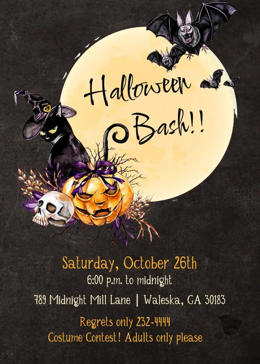 Cat and Moon Halloween Invitation - Premium Digital File from Sugar and Spice Invitations - Just $2.10! Shop now at Sugar and Spice Paper