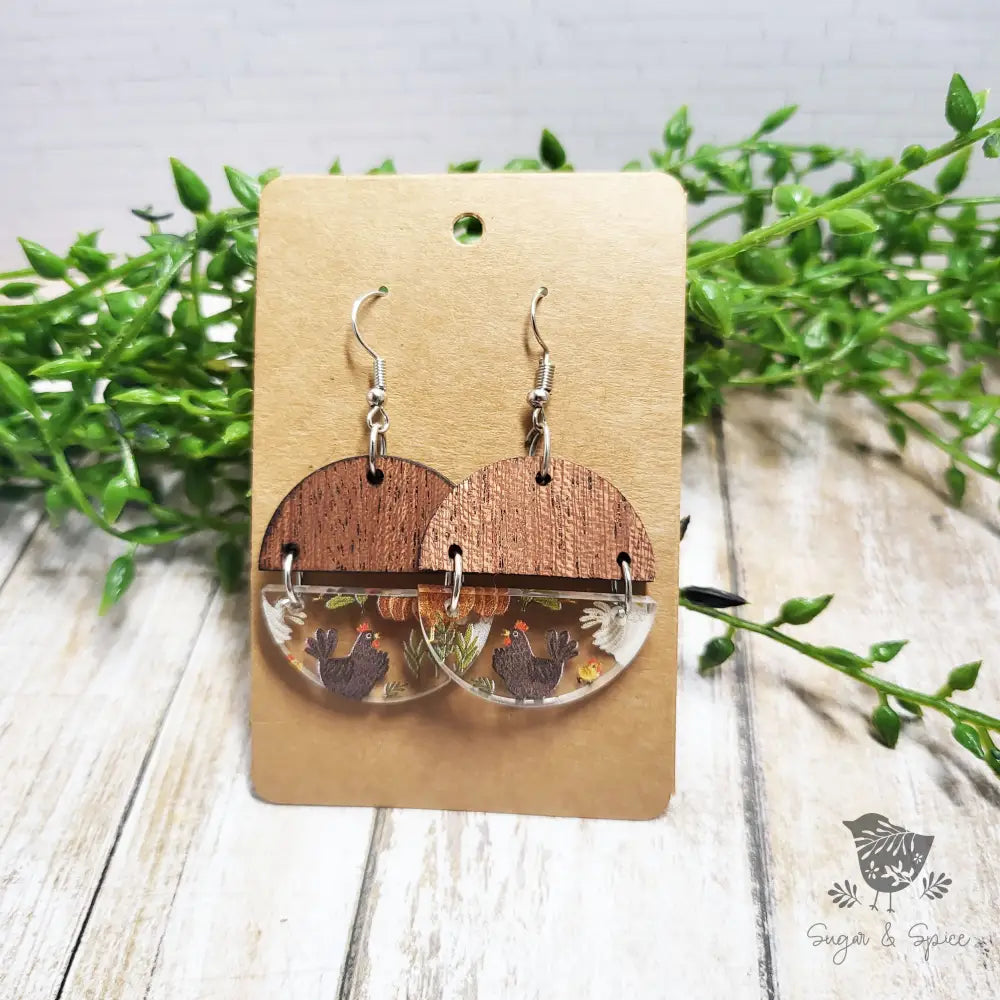 Chicken Acrylic & Wood Circle Earrings. - Premium  from Sugar and Spice Invitations - Just $11.25! Shop now at Sugar and Spice Paper