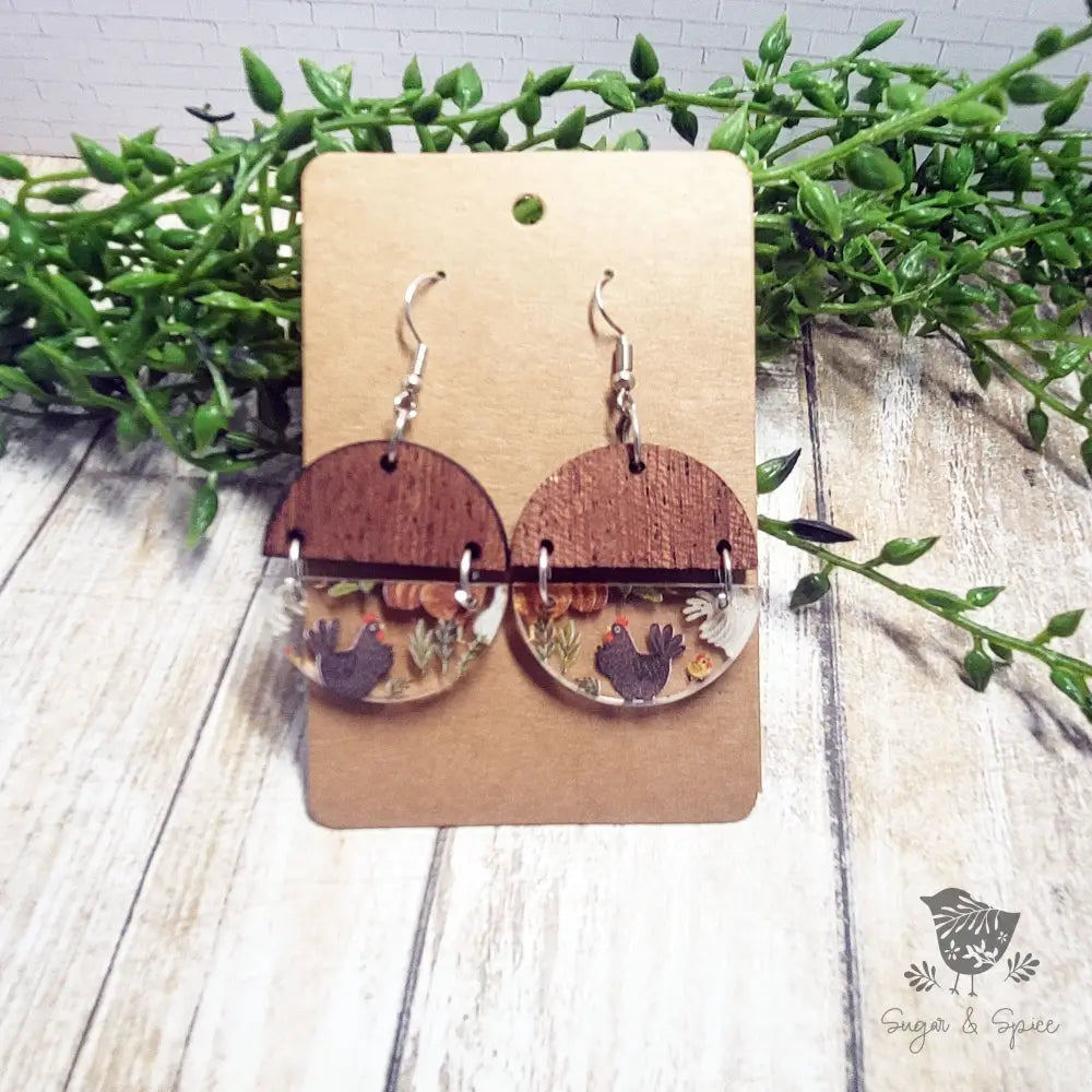 Chicken Acrylic & Wood Circle Earrings. - Premium  from Sugar and Spice Invitations - Just $11.25! Shop now at Sugar and Spice Paper