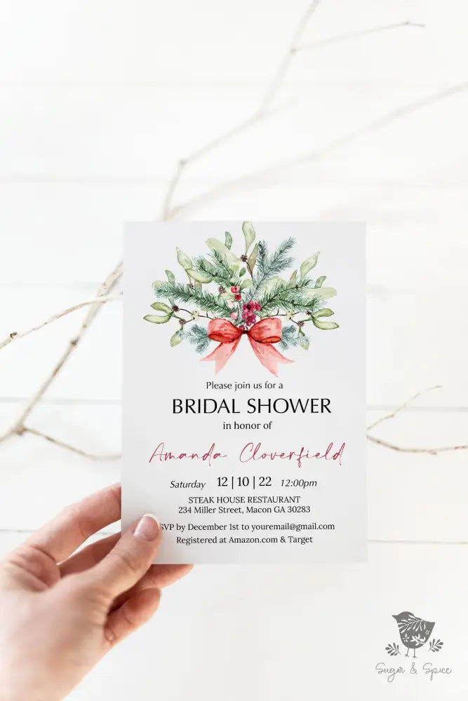 Christmas Red Bow Floral Bridal Shower Invitation - Premium  from Sugar and Spice Invitations - Just $1.95! Shop now at Sugar and Spice Paper