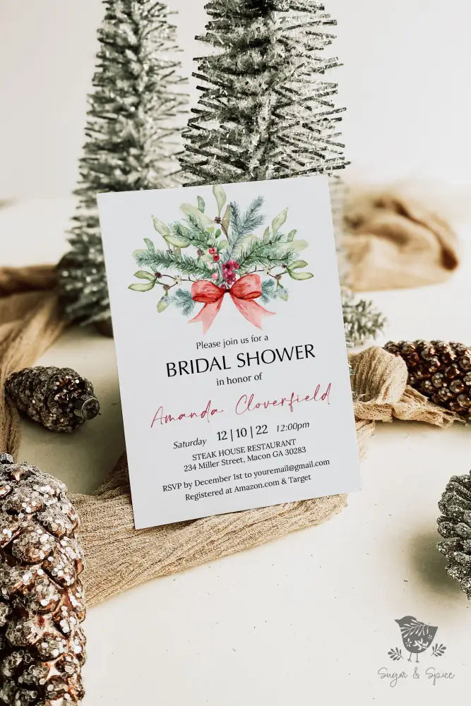 Christmas Red Bow Floral Bridal Shower Invitation - Premium  from Sugar and Spice Invitations - Just $1.95! Shop now at Sugar and Spice Paper