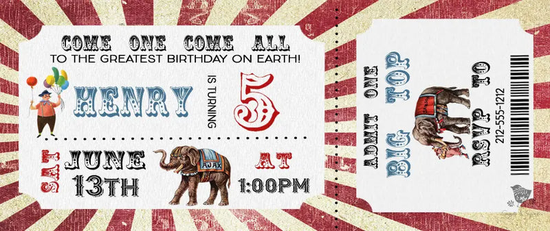 Circus Ticket Birthday Invitation - Premium Digital File from Sugar and Spice Invitations - Just $1.95! Shop now at Sugar and Spice Paper