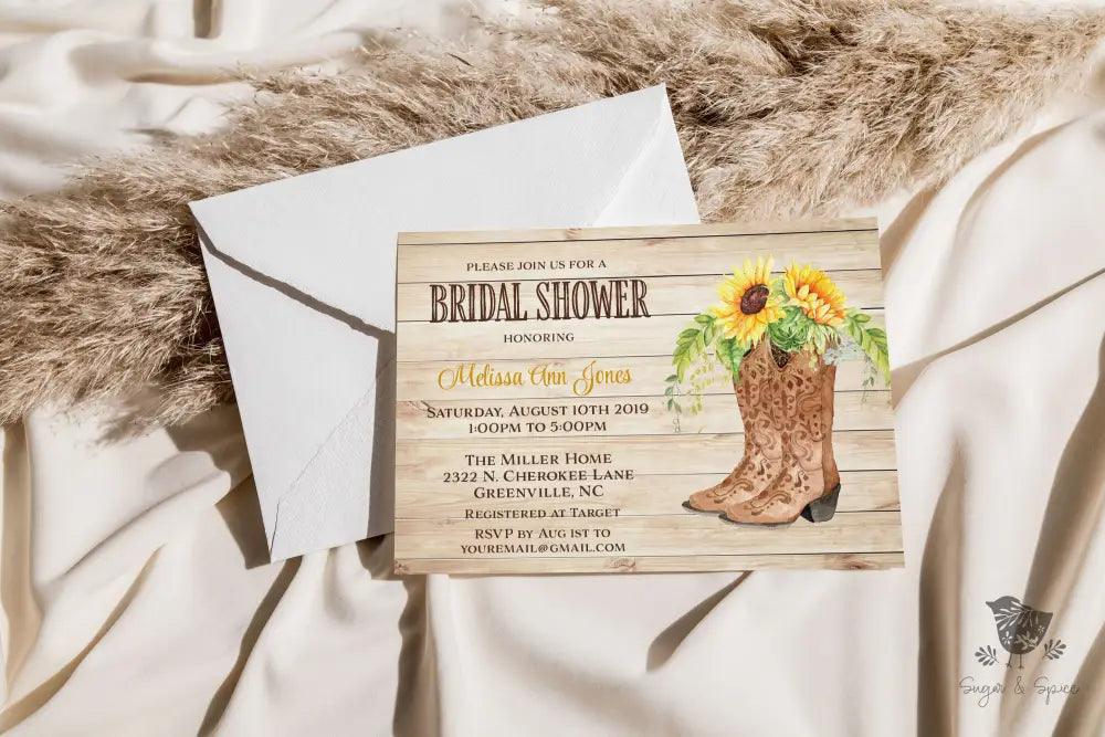 Country Western Sunflower Bridal Shower Invitation - Premium  from Sugar and Spice Invitations - Just $1.95! Shop now at Sugar and Spice Paper