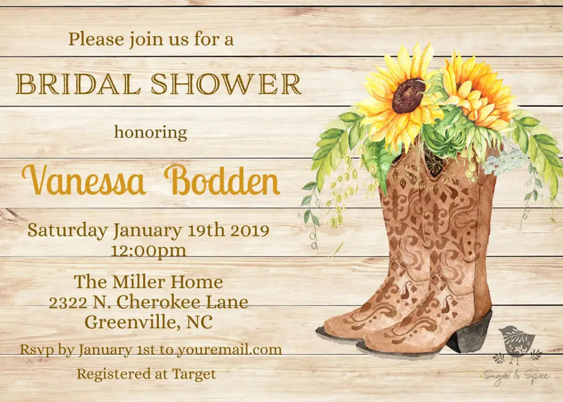 Country Western Sunflower Bridal Shower Invitation - Premium  from Sugar and Spice Invitations - Just $1.95! Shop now at Sugar and Spice Paper