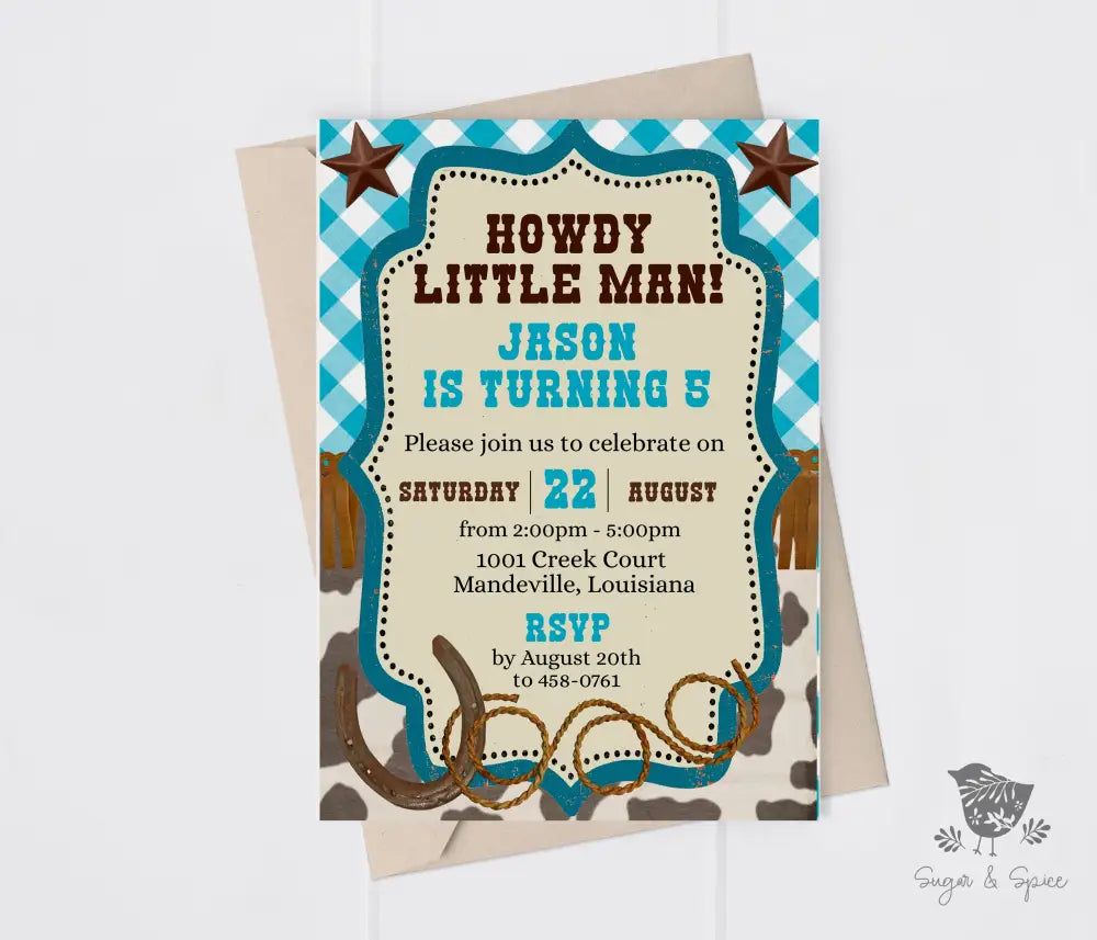 Cowboy Western Howdy Little Man Birthday Invitation - Premium Digital File from Sugar and Spice Invitations - Just $1.95! Shop now at Sugar and Spice Paper