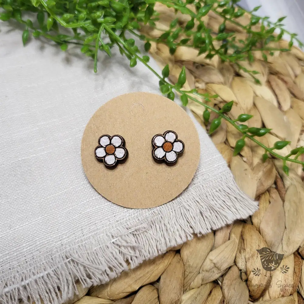 Daisy Flower Boho Wood Stud Earrings