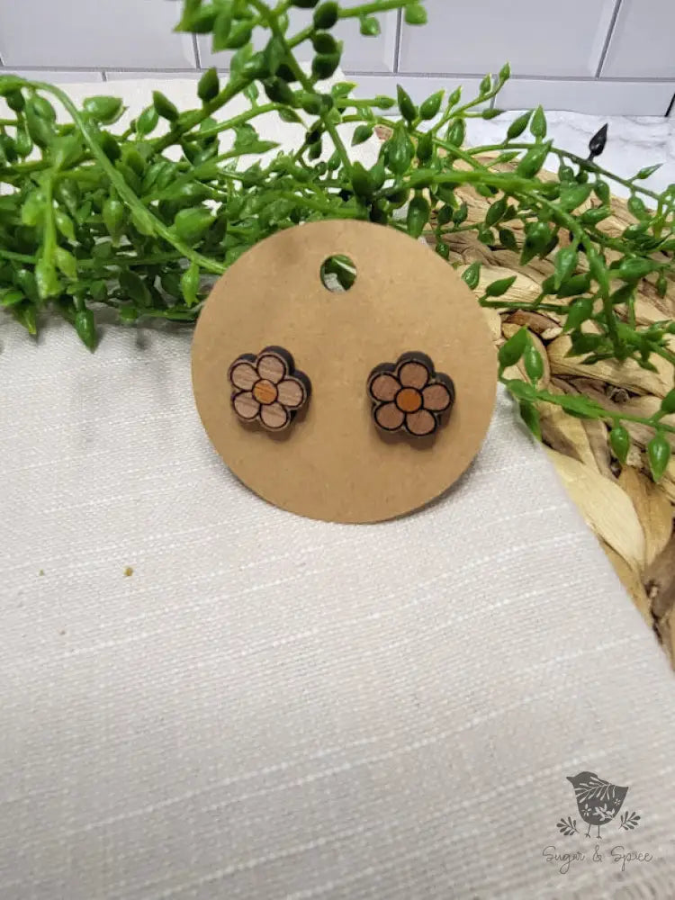 Daisy Flower Wood Stud Earrings