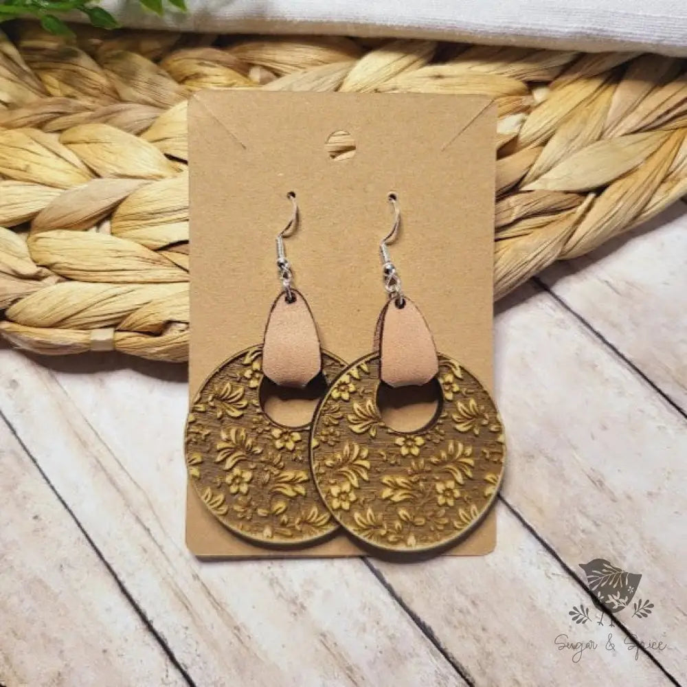 Damask Wood Handmade Earrings with Leather - Premium  from Sugar and Spice Invitations - Just $11.25! Shop now at Sugar and Spice Paper