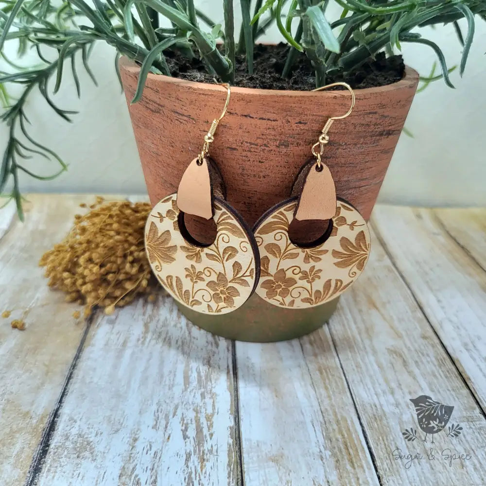 Damask Wood Laser Engraved Handmade Earrings with Leather - Premium  from Sugar and Spice Invitations - Just $11.25! Shop now at Sugar and Spice Paper