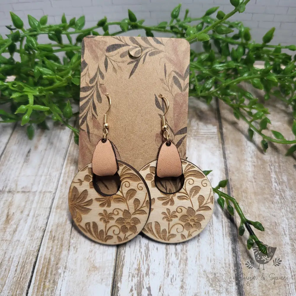 Damask Wood Laser Engraved Handmade Earrings with Leather - Premium  from Sugar and Spice Invitations - Just $11.25! Shop now at Sugar and Spice Paper