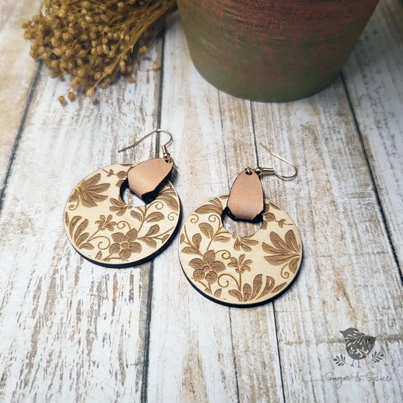 Damask Wood Laser Engraved Handmade Earrings with Leather - Premium  from Sugar and Spice Invitations - Just $11.25! Shop now at Sugar and Spice Paper