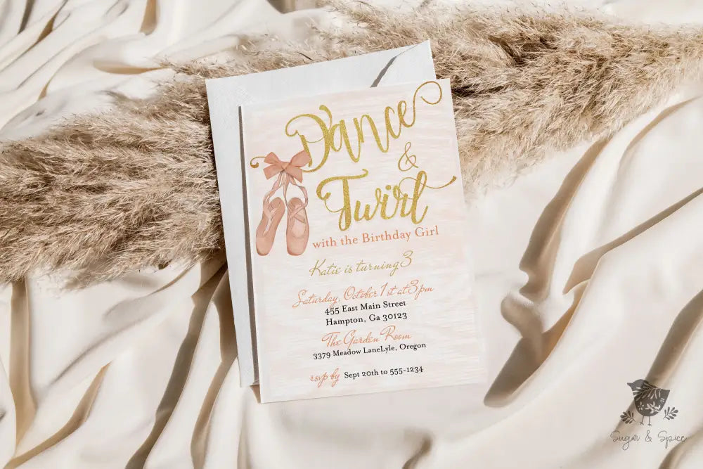Dance and Twirl Pink Bow Coquette Ballerina Birthday Invitation - Premium Digital File from Sugar and Spice Invitations - Just $1.95! Shop now at Sugar and Spice Paper