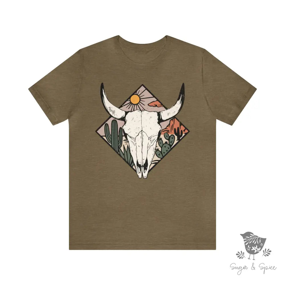 Desert Cow Skull T-Shirt Heather Olive / S