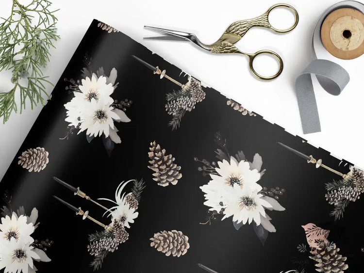 Elegant Black Floral Wrapping Paper Roll Home Decor