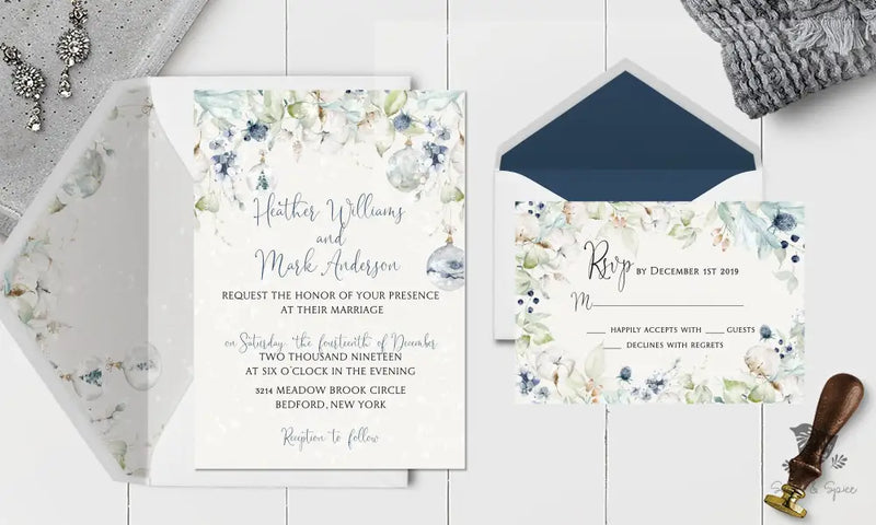 Elegant Blue Floral Winter Wedding Invitation - Premium Paper & Party Supplies > Paper > Invitations & Announcements > Invitations from Sugar and Spice Invitations - Just $2.15! Shop now at Sugar and Spice Paper