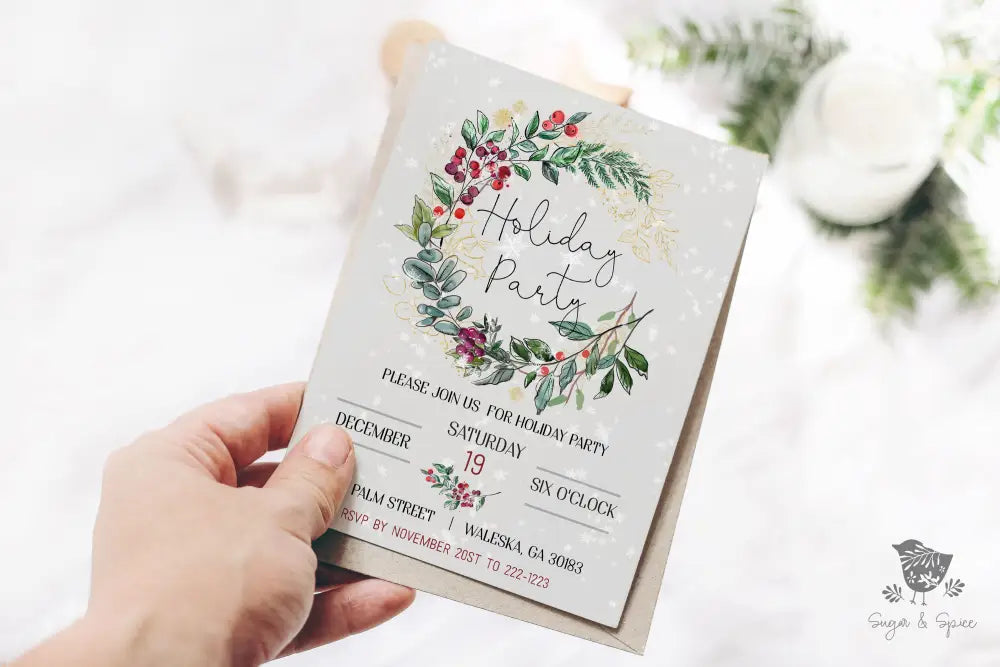 Elegant Wreath Christmas Invitation - Premium Digital File from Sugar and Spice Invitations - Just $2.10! Shop now at Sugar and Spice Paper