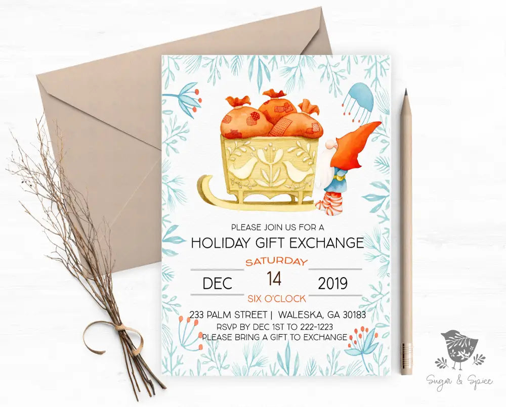 Elf Gift Exchange Party Christmas Invitation - Premium Digital File from Sugar and Spice Invitations - Just $2.10! Shop now at Sugar and Spice Paper