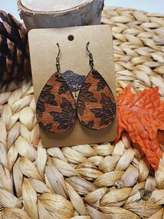 Engraved Maple Leaf Wood Earrings