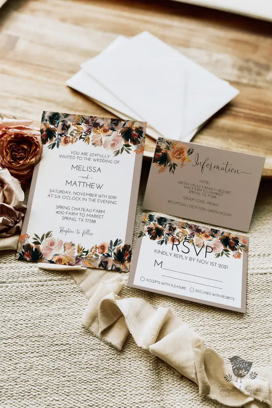 Fall Boho Wedding Invitation Suite - Premium Paper & Party Supplies > Paper > Invitations & Announcements > Invitations from Sugar and Spice Invitations - Just $2.15! Shop now at Sugar and Spice Paper
