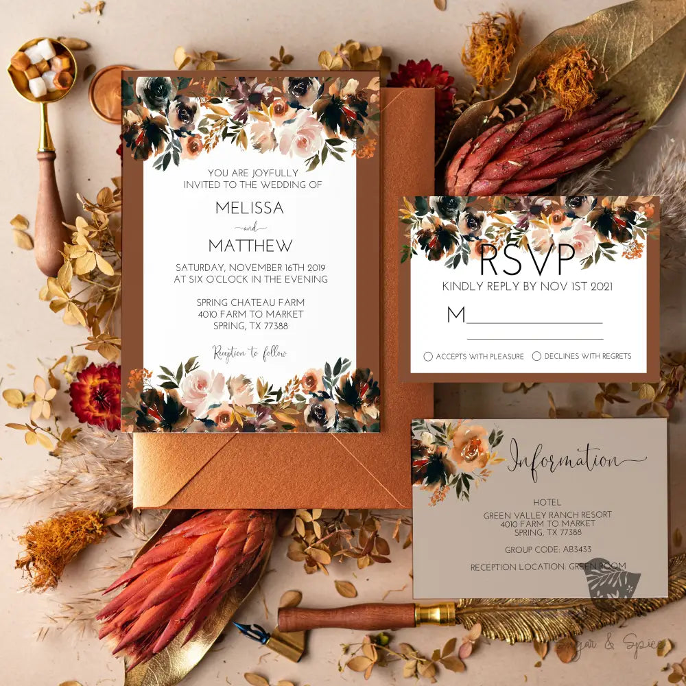 Fall Boho Wedding Invitation Suite - Premium Paper & Party Supplies > Paper > Invitations & Announcements > Invitations from Sugar and Spice Invitations - Just $2.15! Shop now at Sugar and Spice Paper