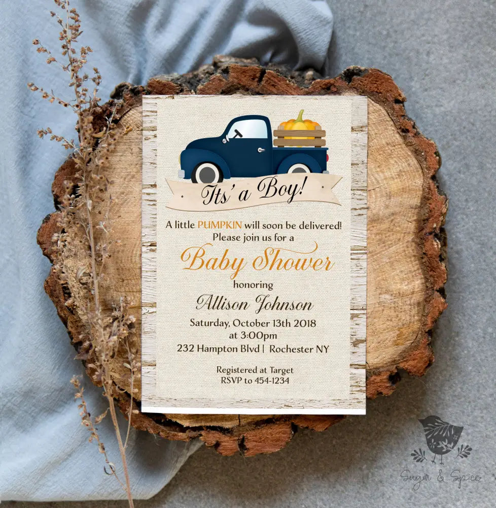 Fall Country Truck With Pumpkin Baby Shower Invitation