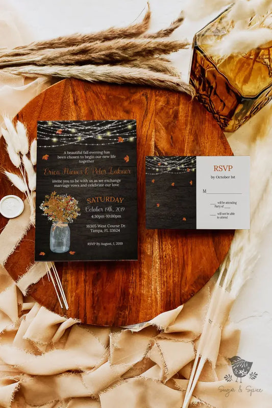 Fall Mason Jar and Lights Wedding Invitation - Premium  from Sugar and Spice Invitations - Just $2.15! Shop now at Sugar and Spice Paper