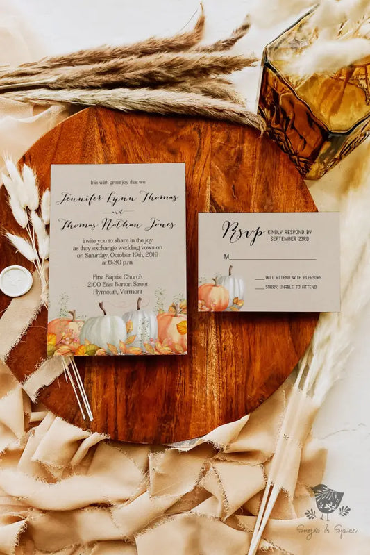 Fall Pumpkin Watercolor Wedding Invitation - Premium Paper & Party Supplies > Paper > Invitations & Announcements > Invitations from Sugar and Spice Invitations - Just $2.15! Shop now at Sugar and Spice Paper