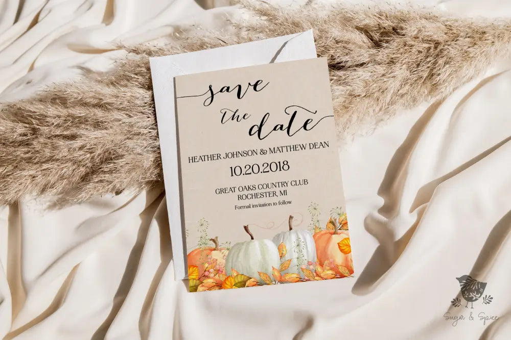 Fall Watercolor Pumpkin Save the Date - Premium Paper & Party Supplies > Paper > Invitations & Announcements > Invitations from Sugar and Spice Invitations - Just $2.50! Shop now at Sugar and Spice Paper