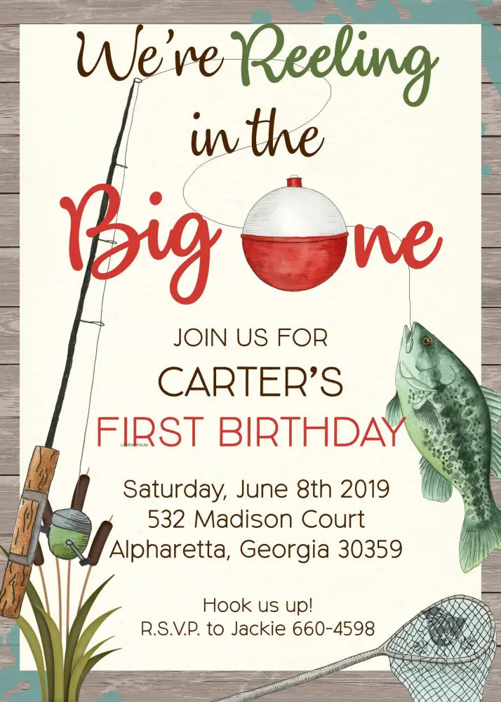 Fishing First Birthday Reel in the Big One Invitation - Premium Digital File from Sugar and Spice Invitations - Just $1.95! Shop now at Sugar and Spice Paper