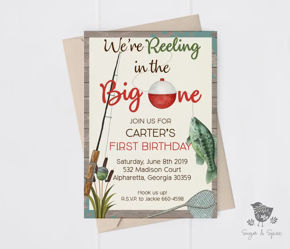 Fishing First Birthday Reel in the Big One Invitation - Premium Digital File from Sugar and Spice Invitations - Just $1.95! Shop now at Sugar and Spice Paper
