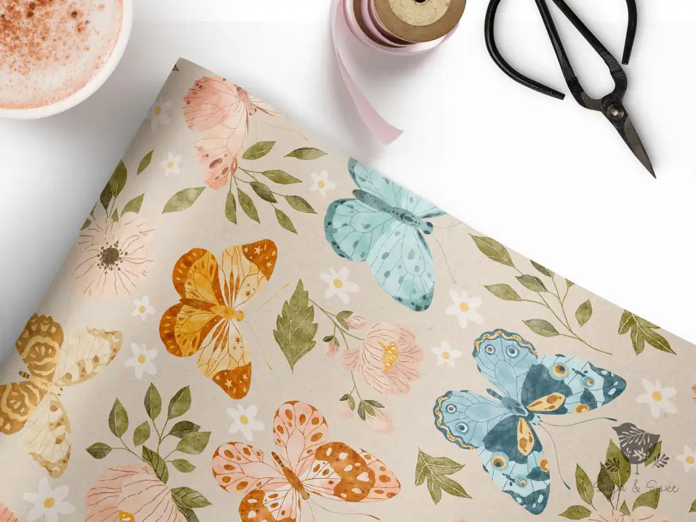Floral Butterfly Kraft Wrapping Paper - Premium Craft Supplies & Tools > Party & Gifting > Packaging & Wrapping from Sugar and Spice Invitations - Just $26.10! Shop now at Sugar and Spice Paper